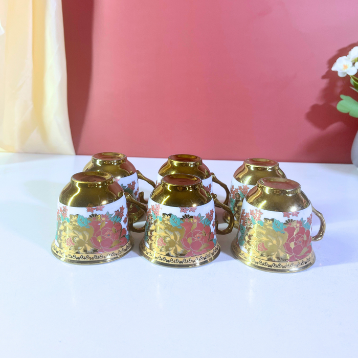 Coral Luxe Floral Gold-Trim Ceramic Tea Cup & Saucer Set – 12 Pieces