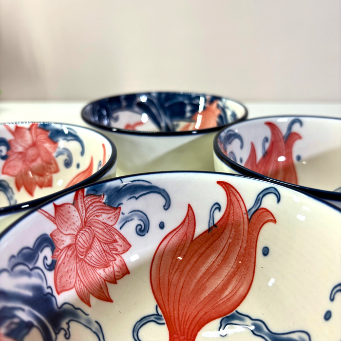 Japanese Koi Lotus Ceramic Bowl Set (4 Pieces) – Traditional Oriental Serving Collection