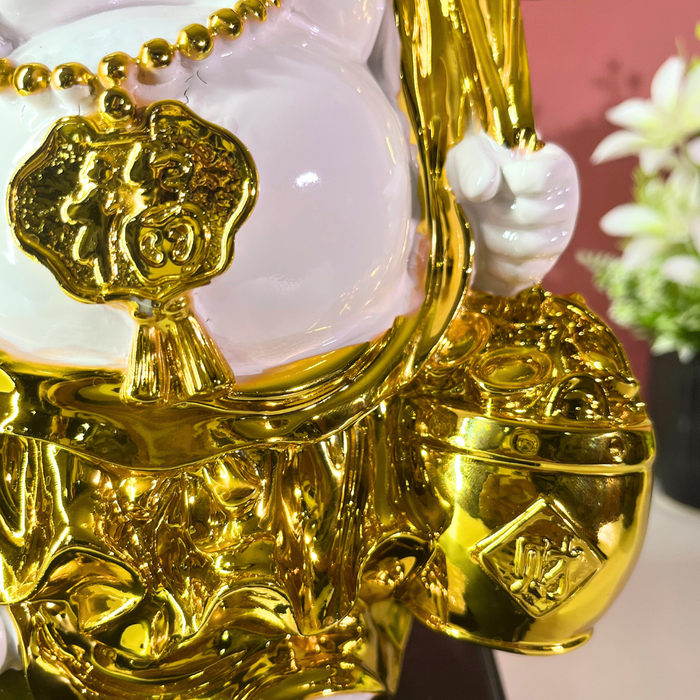 White and Gold Laughing Buddha Statue for Home & Office | Resin Feng Shui Money Buddha | Brings Wealth, Joy & Good Fortune (31cm)