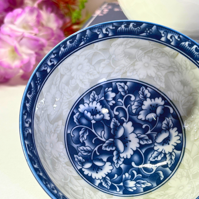 Chinoiserie Blue & White Ceramic Bowl Set (6 Pieces) – Traditional Floral Hand-Painted Collection