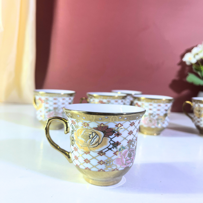 Regal Diamond Lattice Gold & White Ceramic Tea Cup & Saucer Set - 12 Pieces (6 Cups + 6 Saucers)