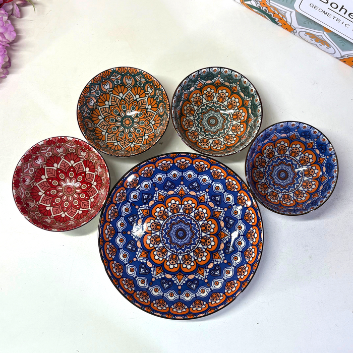 Bohemian Mandala Ceramic Bowl & Plate Set (5 Pieces) – Geometric Pattern Serving Collection