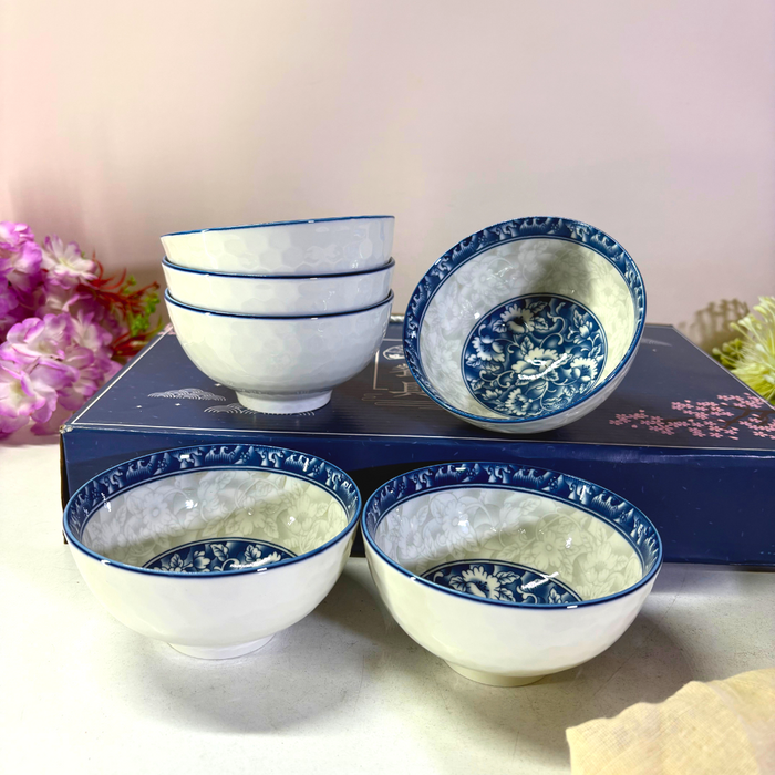 Chinoiserie Blue & White Ceramic Bowl Set (6 Pieces) – Traditional Floral Hand-Painted Collection