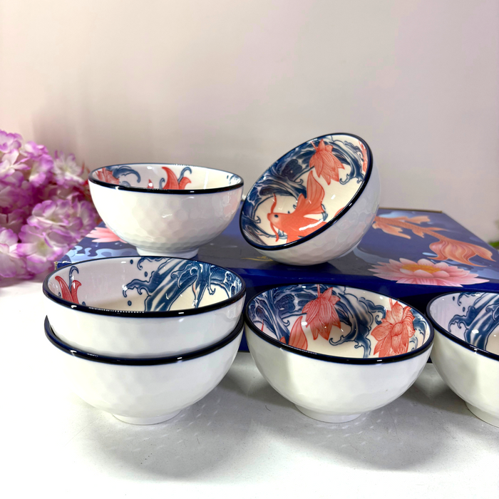 Chinoiserie Blue & White Ceramic Bowl Set of 6 – Hand-Painted Floral Collection