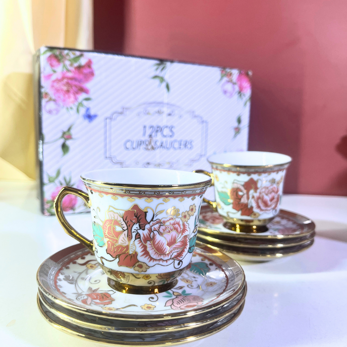 Mint Rose Gold-Trim Ceramic Tea Cup & Saucer Set – 12-Piece Collection