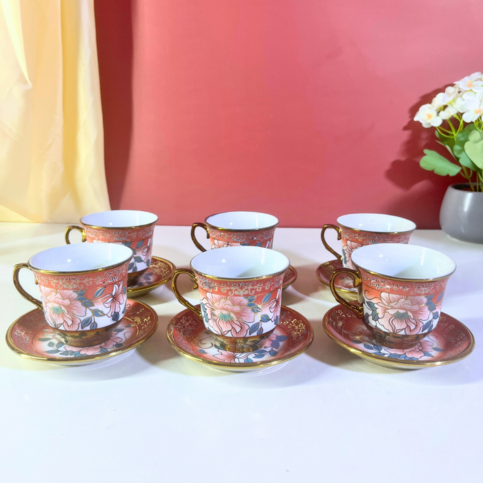 Coral Blossom Gold-Trim Ceramic Tea Cup & Saucer Set – 12 Pieces