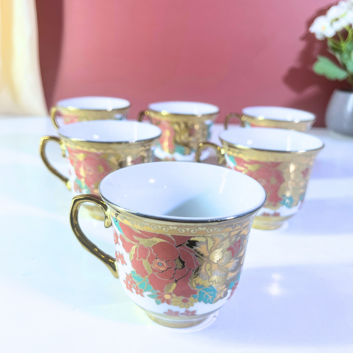 Coral Luxe Floral Gold-Trim Ceramic Tea Cup & Saucer Set – 12 Pieces