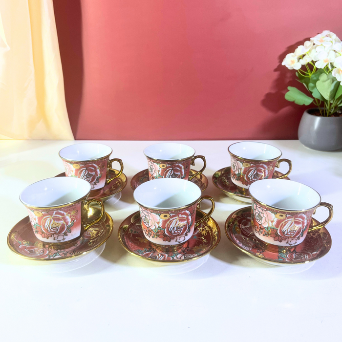 Blush Blossom Pink & Gold Ceramic Tea Cup & Saucer Set (12-Piece)