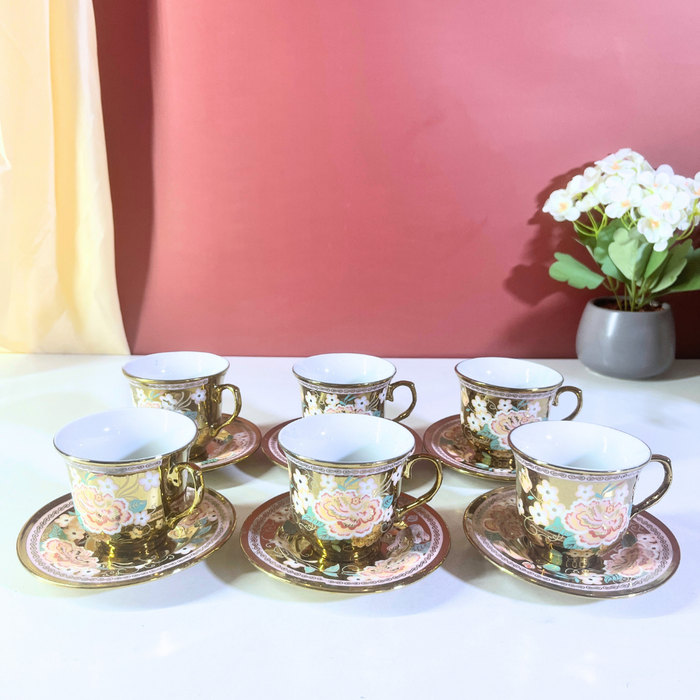 The Decor Paradise 12-Piece Gold Floral Ceramic Cup & Saucer Set