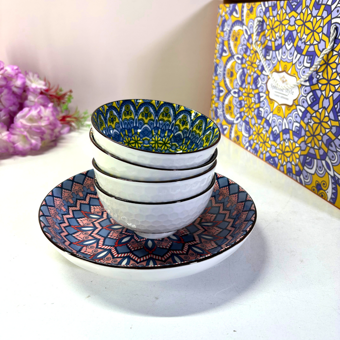 Boho Mandala Ceramic Bowl & Plate Set (4 Bowls + 1 Plate) – Geometric Dinnerware Collection