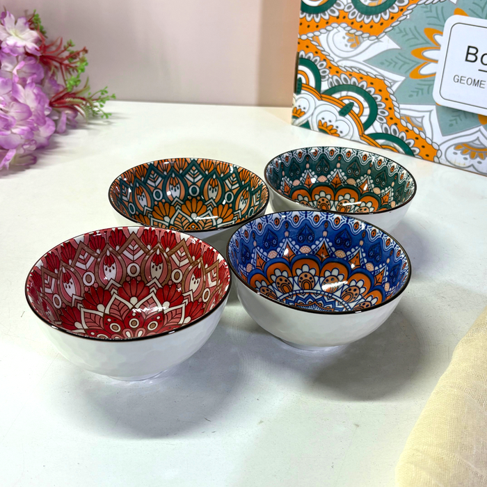 Bohemian Mandala Ceramic Bowl & Plate Set (5 Pieces) – Geometric Pattern Serving Collection