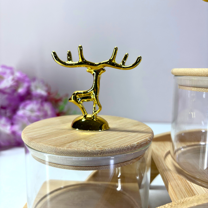 Golden Deer Crystal Glass Storage Set with Wooden Stand – The Decor Paradise