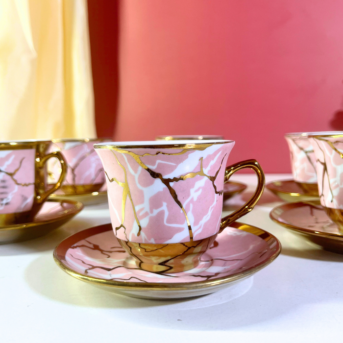 Luxe Pink Marble Ceramic Tea Cup & Saucer Set of 12 Pieces (6 Cups + 6 Saucers) with Gold Rim & Handle