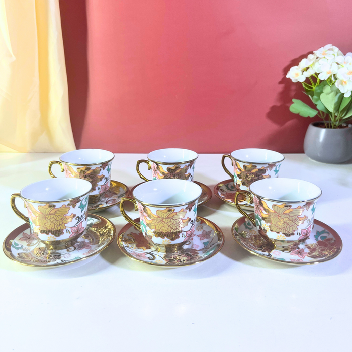 Floral Elegance Gold-Trim Ceramic Tea Cup & Saucer Set – 12 Pieces