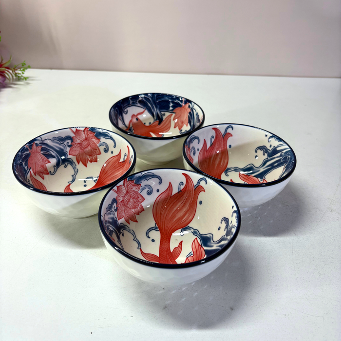 Japanese Koi Lotus Ceramic Bowl Set (4 Pieces) – Traditional Oriental Serving Collection