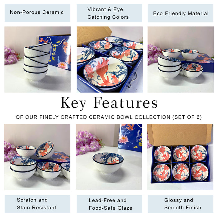 Chinoiserie Blue & White Ceramic Bowl Set of 6 – Hand-Painted Floral Collection