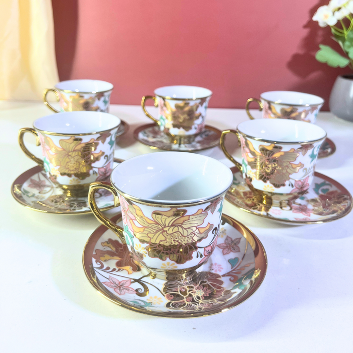 Floral Elegance Gold-Trim Ceramic Tea Cup & Saucer Set – 12 Pieces