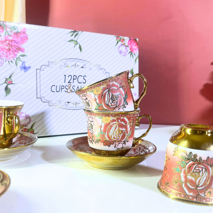 Blush Blossom Pink & Gold Ceramic Tea Cup & Saucer Set (12-Piece)