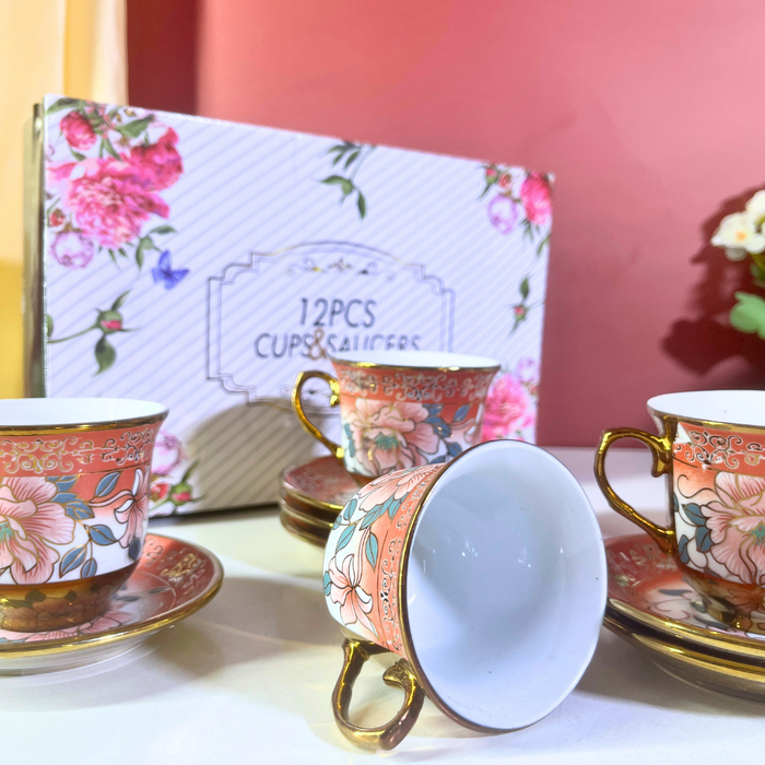 Coral Blossom Gold-Trim Ceramic Tea Cup & Saucer Set – 12 Pieces