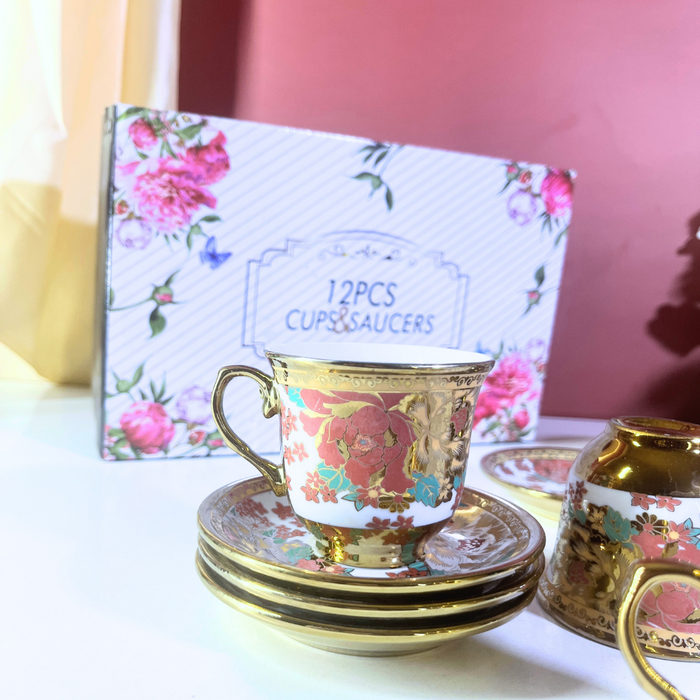 Coral Luxe Floral Gold-Trim Ceramic Tea Cup & Saucer Set – 12 Pieces