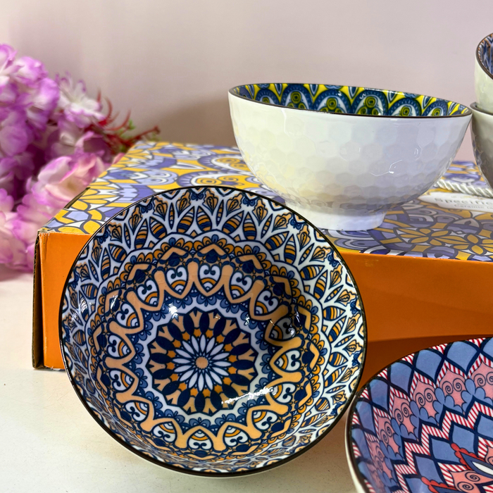 Boho Mandala Ceramic Bowl & Plate Set (4 Bowls + 1 Plate) – Geometric Dinnerware Collection