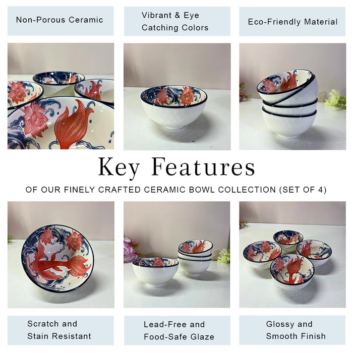 Japanese Koi Lotus Ceramic Bowl Set (4 Pieces) – Traditional Oriental Serving Collection