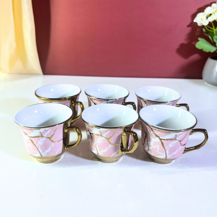 Luxe Pink Marble Ceramic Tea Cup & Saucer Set of 12 Pieces (6 Cups + 6 Saucers) with Gold Rim & Handle