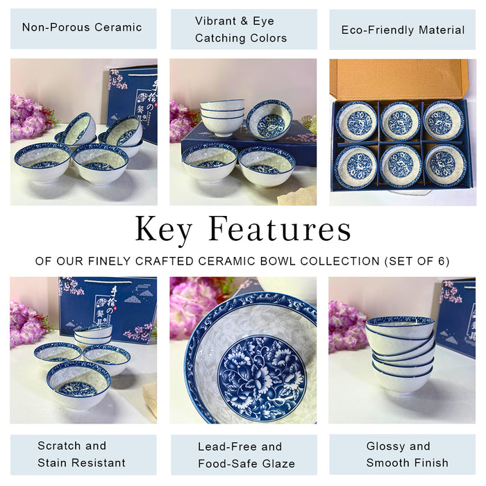 Chinoiserie Blue & White Ceramic Bowl Set (6 Pieces) – Traditional Floral Hand-Painted Collection