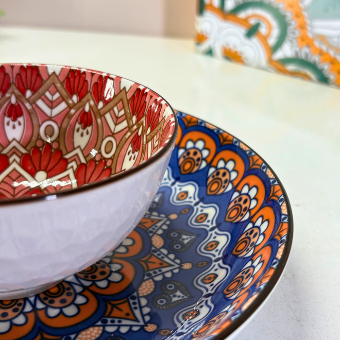 Bohemian Mandala Ceramic Bowl & Plate Set (5 Pieces) – Geometric Pattern Serving Collection