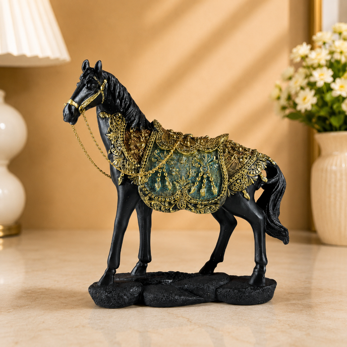 A midnight regal black Rajasthani horse showpiece on a wooden living room table