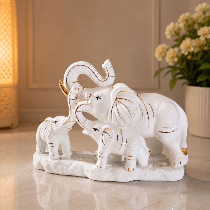 Premium White Ceramic Elephant Family Showpiece for Home Decor