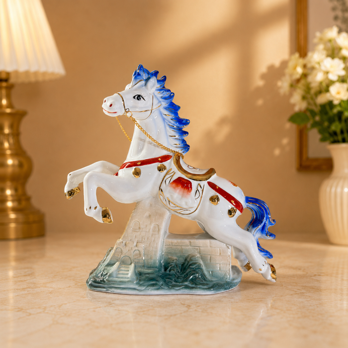 Royal blue ceramic stallion horse showpiece 28 cm for living room table decor