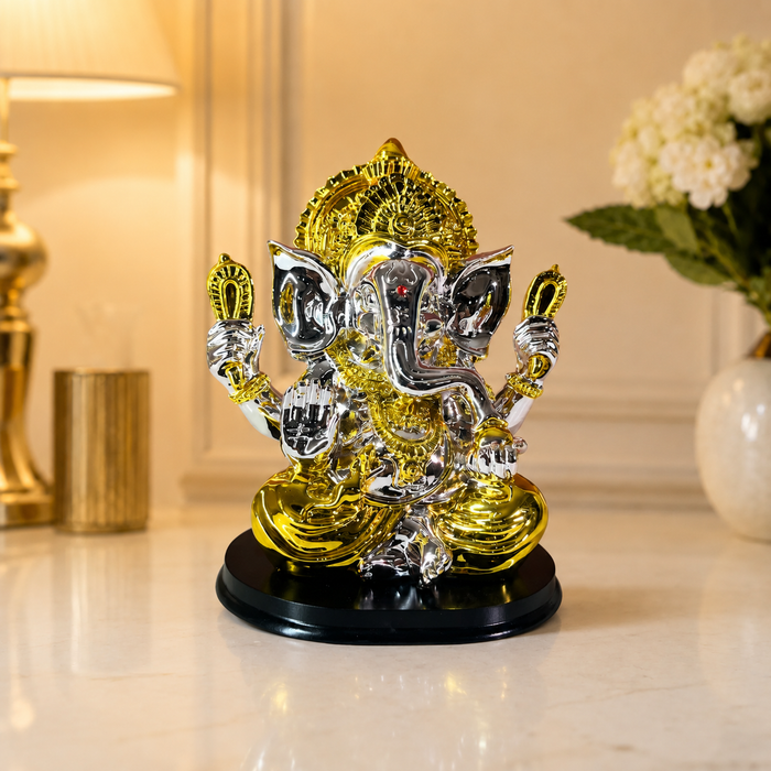 Silver and Gold Resin Lord Ganesha Statue | Elegant Ganpati Idol for Home & Office | Vastu Gift for Prosperity & Success (19 cm)
