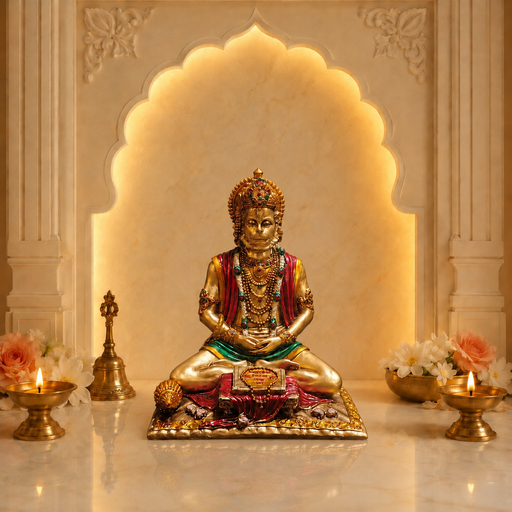 A gold-toned seated deity statue with red and green draped details, placed on a marble surface in front of a warm-lit arched alcove. Decorative flowers, brass oil lamps, and a small brass object sit on both sides.