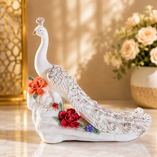 Ceramic peacock statue with golden feather detailing