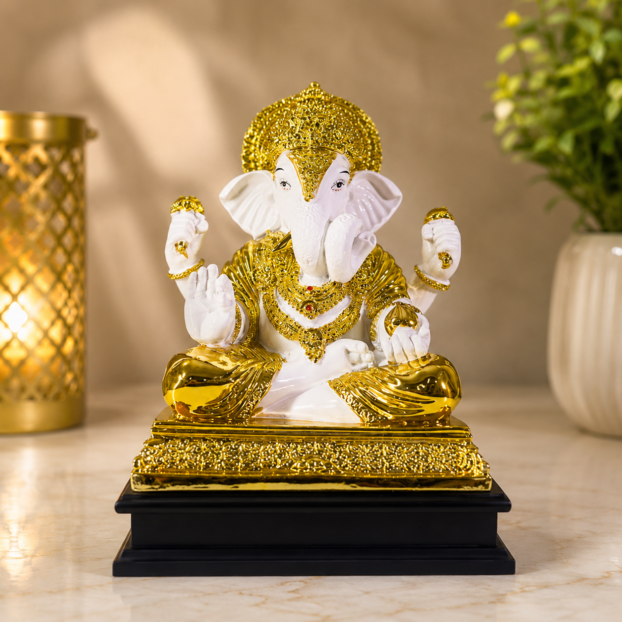 Premium White & Gold Lord Ganesha Idol for Home Temple, Office Desk & Spiritual Home Decor | The Decor Paradise