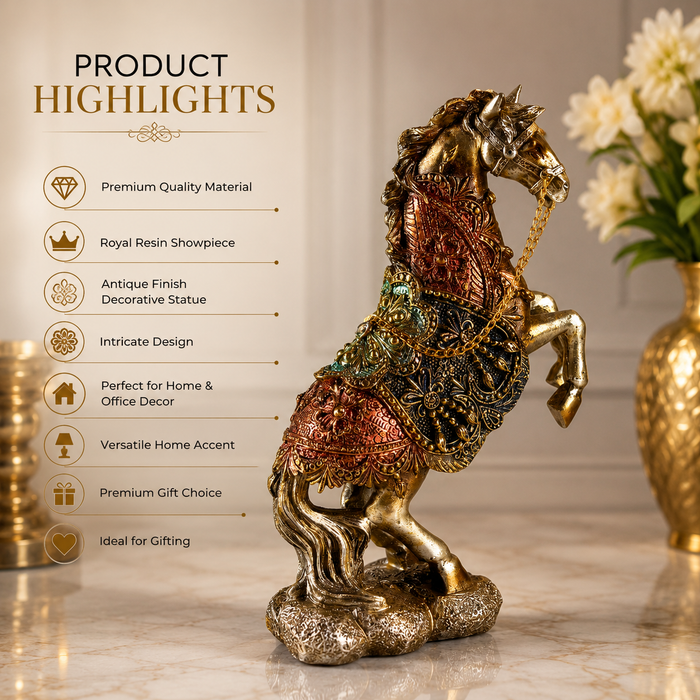 Decorative Royal Horse Statue with Gold Chain Details
