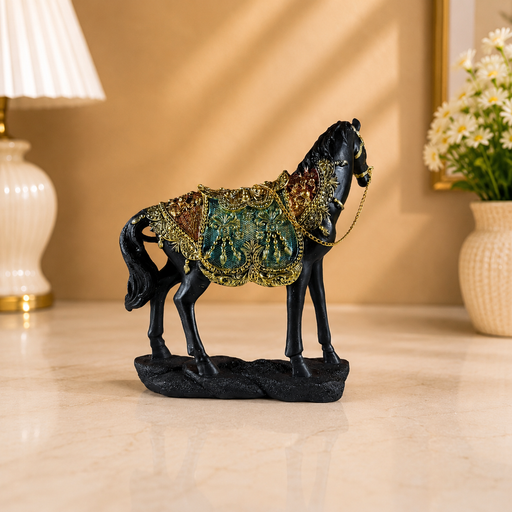 Premium Decorative Black Horse Statue with Antique Gold Detailing