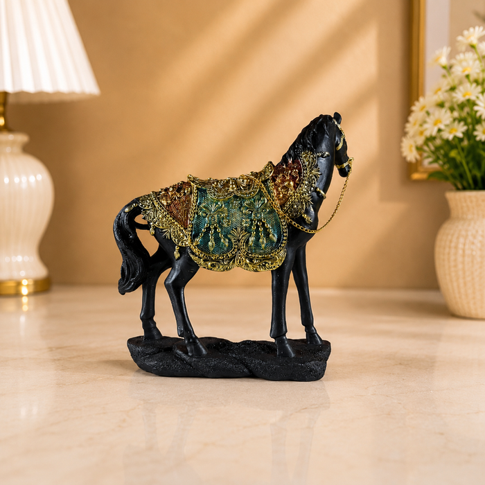 Premium Decorative Black Horse Statue with Antique Gold Detailing