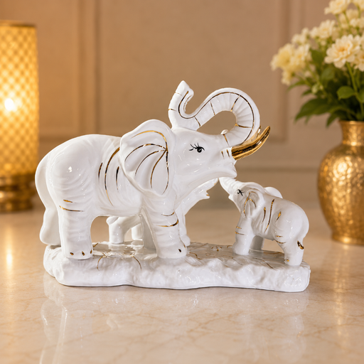 Elegant Ceramic Elephant Family Statue with Gold Accents