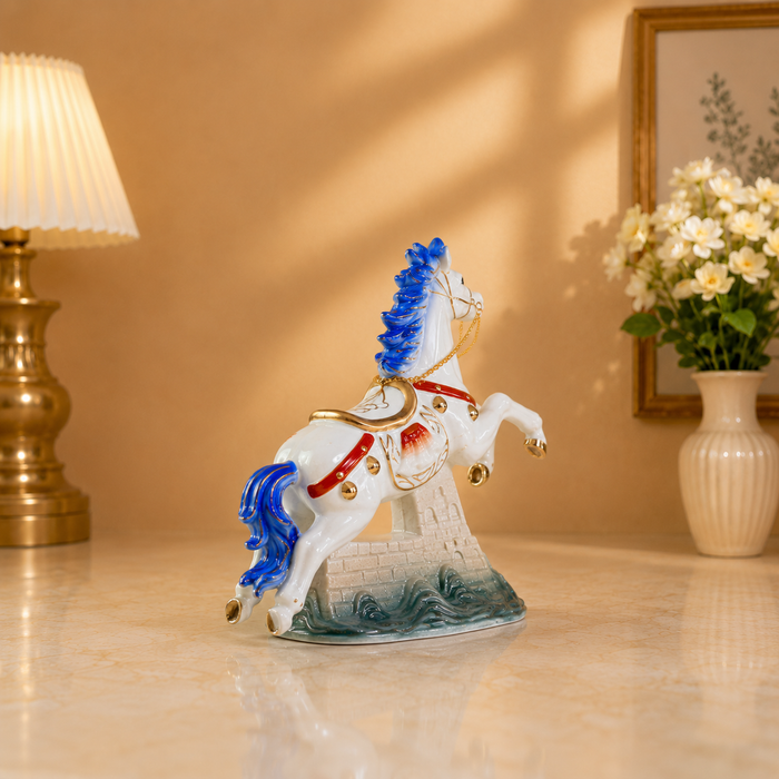 A decorative white rocking horse figurine with blue mane and tail, red harness details, and gold accents, displayed on a beige tabletop in a warmly lit room with a lamp and flowers in the background.