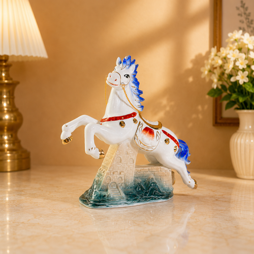 A decorative porcelain horse figurine with a white body, blue mane and tail, red harness details, and a castle-and-water base, displayed on a beige tabletop with a lamp and flowers in the background.