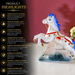 A ceramic horse figurine with a white body, blue mane and tail, and red decorative accents, shown on a reflective surface against a pink background with product feature text on the left.