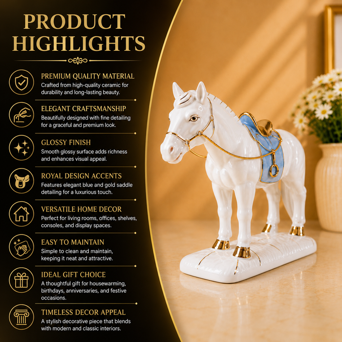 A white ceramic horse figurine with gold and blue accents, displayed on a glossy surface next to a text panel highlighting product features.
