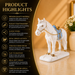 A white ceramic horse figurine with gold and blue accents, displayed on a glossy surface next to a text panel highlighting product features.