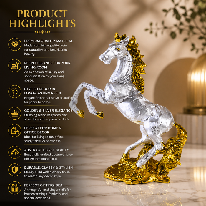 A clear resin rearing horse figurine with a metallic gold horn, mane, and base, displayed against a warm, softly blurred background with a text overlay detailing product features.