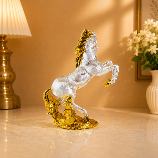 A clear glass rearing horse figurine with metallic gold accents on the mane, hooves, and base, displayed on a polished marble tabletop in a warm, elegant room setting.
