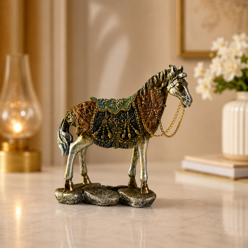 An ornate decorative horse figurine with a silver-toned body, gold saddle and bridle details, and a textured base, displayed on a light marble surface in a softly lit interior setting.