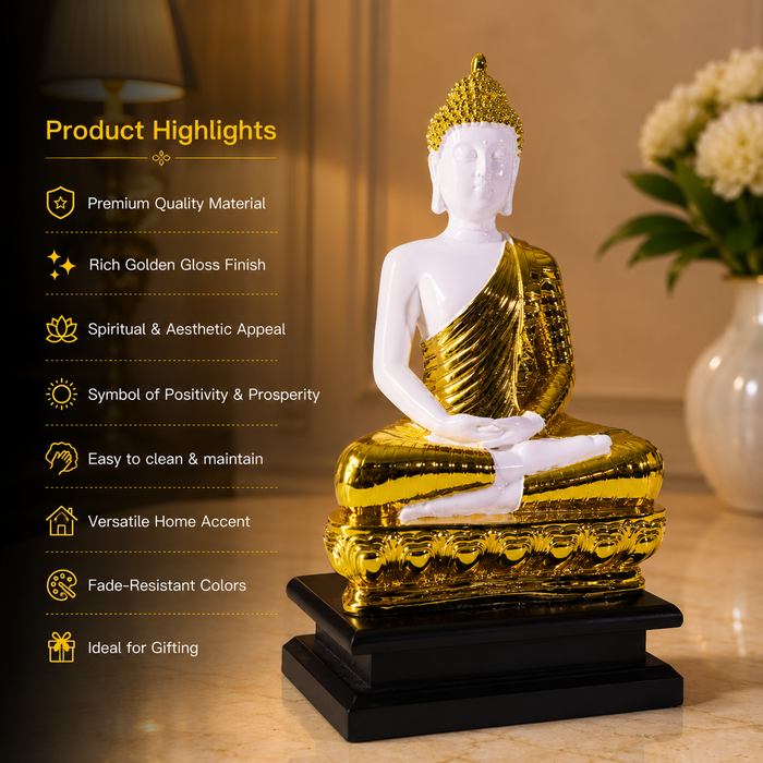 A golden and white seated Buddha statue on a black base, shown in a warm indoor setting with a product highlights text panel on the left and flowers in the background.