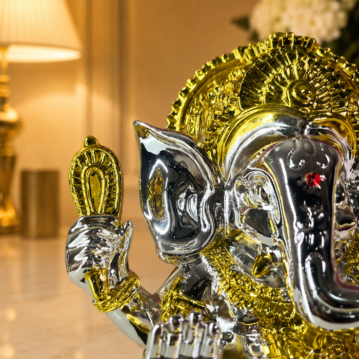 Silver and Gold Resin Lord Ganesha Statue | Elegant Ganpati Idol for Home & Office | Vastu Gift for Prosperity & Success (19 cm)